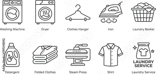 set of laundry icons including washing machine, dryer, and detergent