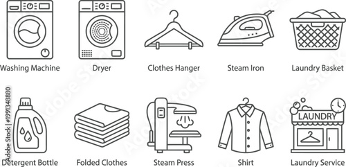 Laundry icons set with washing machine, dryer, iron, and clothes