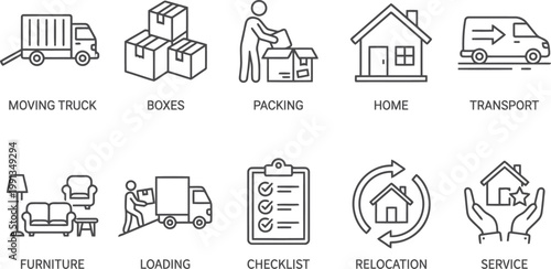 Moving and relocation services icons, outline style