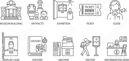 Museum icons set, outline style, black and white
