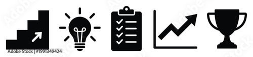 Business progress journey icons including idea generation planning growth and achievement for motivational success concepts