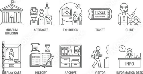 museum icons set, outline style, vector illustrations