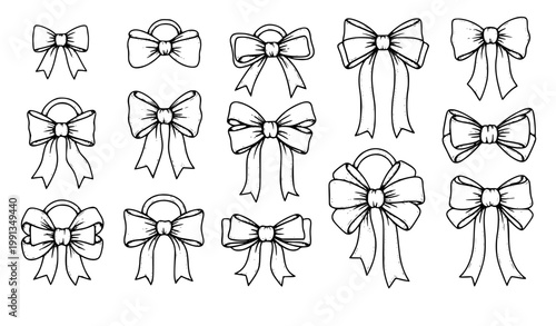 Bow doodle vector set hair ribbon outline stickers feminine sketch illustration isolated