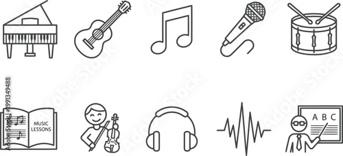 Music icons set including piano, guitar, microphone, and headphones