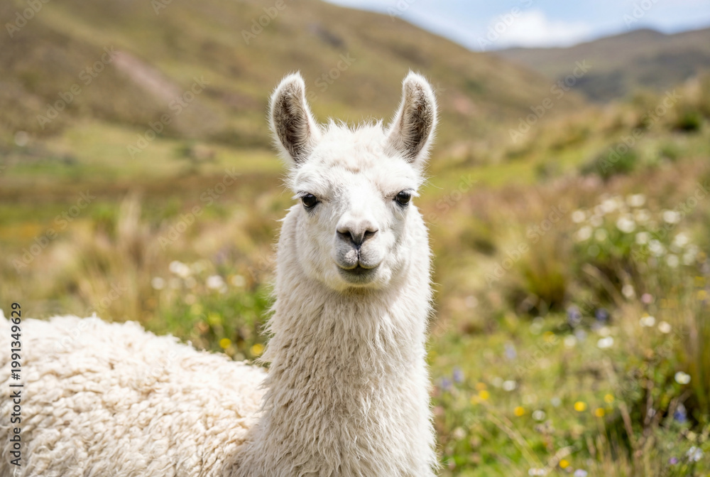Fototapeta premium White fluffy llama looking directly at camera in green mountain field during bright summer day