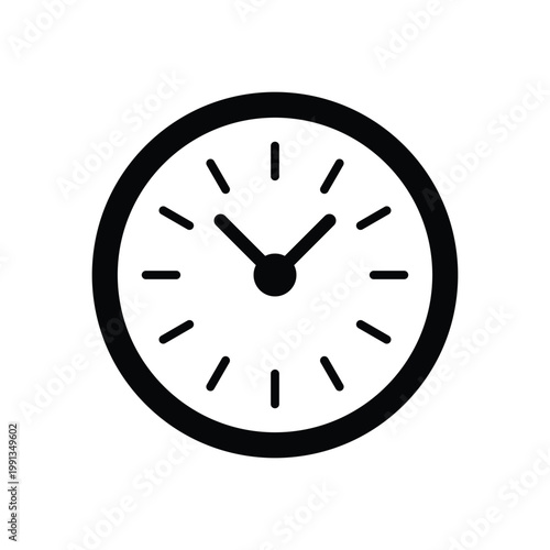 A black round wall clock with a circular dial and numbered face is an isolated object icon used as a business timer or office symbol for tracking every second and hour of the day