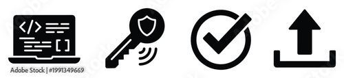 Digital technology icons for software development, secure access, data verification, and online file uploads concepts.