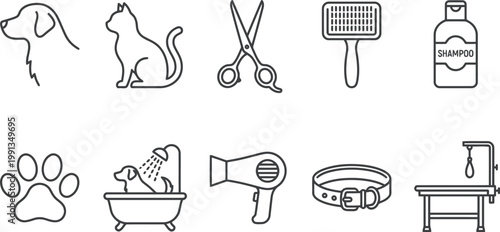 set of pet grooming icons, dog and cat care symbols