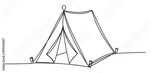 Continuous line drawing of a camping tent for outdoor adventure, travel, and nature themed visual projects.