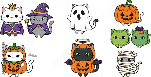 Cute Halloween cats cartoon set with witch ghost pumpkin mummy and spooky costumes vector illustration