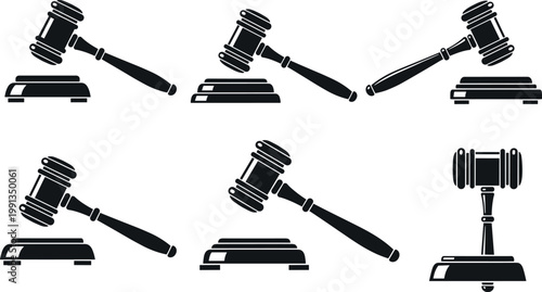 Judge gavel silhouettes collection with wooden hammer icons and sound block, legal justice symbols vector illustration set
