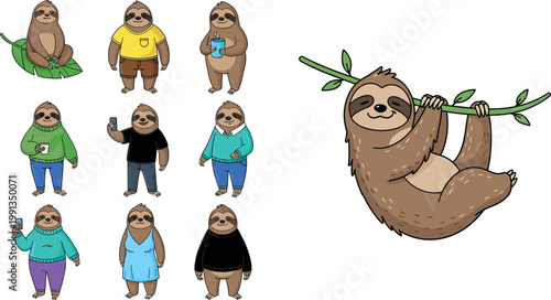 Cute Sloth Character Set Featuring Cartoon Sloths in Casual Clothes Drinking Coffee Using Phones and Hanging on Tropical Branches for Fun Lifestyle DesignsCute Sloth Character Set Featuring Cartoon Sl