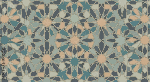 Intricate geometric pattern with star shapes and polygons in blue, teal, and beige, reminiscent of traditional Islamic mosaic art.