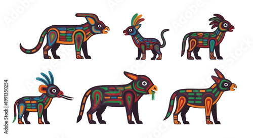 Colorful stylized mythical creatures with intricate patterns, resembling Mexican folk art Alebrijes, on a white background.