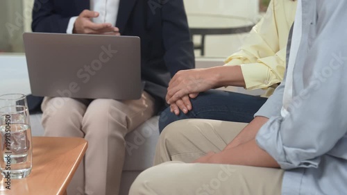 Couples therapy counselor psychotherapist family relationship session support communication guidance for marriage counseling, partners hold hands in calm office, nurturing hope, care, mental health