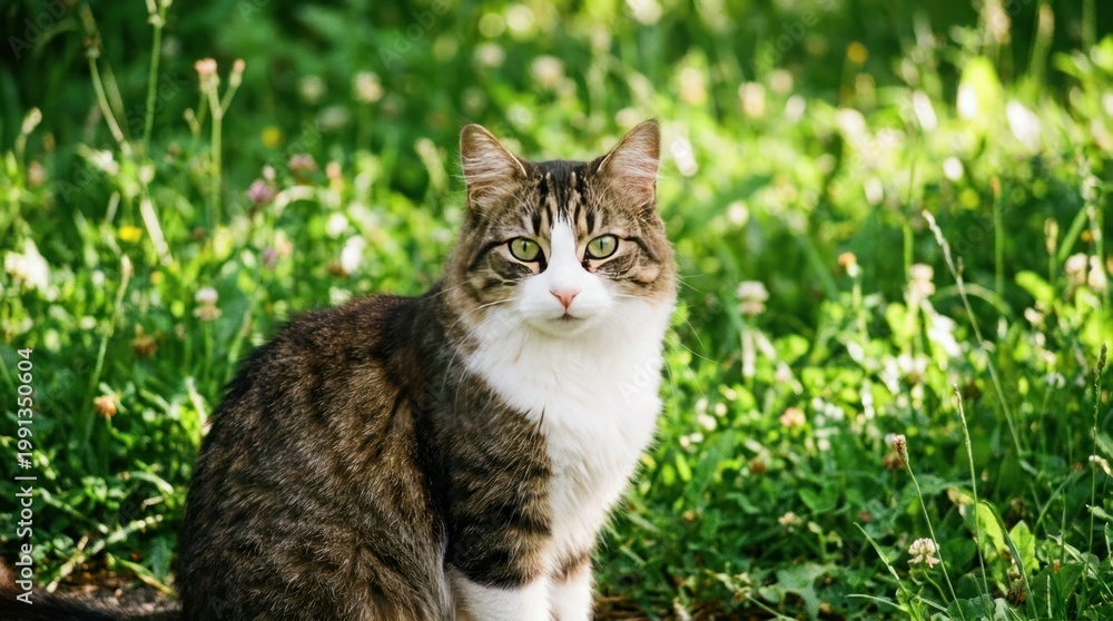 Fototapeta premium tabby and white cat looking at camera