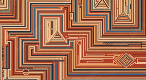 Intricate abstract pattern with parallel lines and geometric shapes in earthy tones, resembling a complex maze or circuit board design.