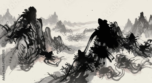 A traditional Chinese ink wash painting depicting a misty mountain landscape with bold brushstrokes and subtle gradients.