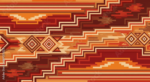 Intricate geometric pattern with warm earthy tones, featuring zigzag lines and diamond shapes reminiscent of Southwestern textiles.