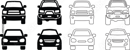 
Simple car icon collection isolated on a white background. Front view symbol of auto, vehicle, automobile, sedan, van. Transport, car sharing, or delivery concept icons. Flat style Black simple car