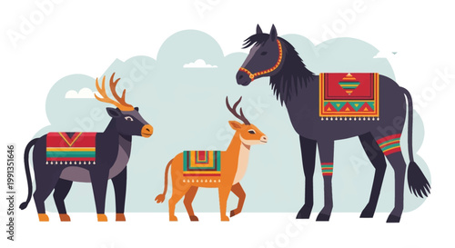 A stylized illustration of a horse, a deer, and a bull, each adorned with colorful, patterned blankets and saddle pads.
