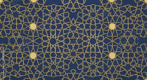 A seamless pattern of intricate gold geometric stars and polygons on a dark blue background, inspired by Islamic art and Moroccan design.