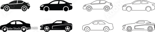 
Simple car icon collection isolated on a white background. Front view symbol of auto, vehicle, automobile, sedan, van. Transport, car sharing, or delivery concept icons. Flat style Black simple car