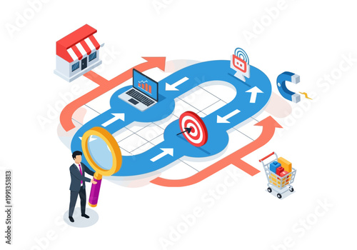 Isometric Digital Marketing Strategy and Customer Journey Loop Illustration showing Sales Funnel, Target Audience Research, Lead Generation, and Omnichannel Retail Concept