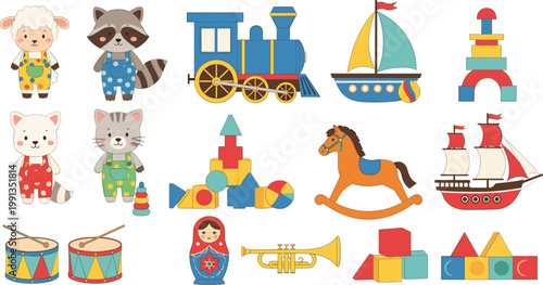 Cute kids toys and animals cartoon set with train boat blocks rocking horse drum vector illustration