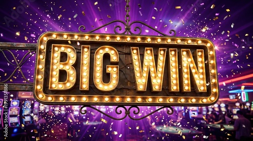 Retro Big Win Banner with Lights and Confetti Celebration Concept