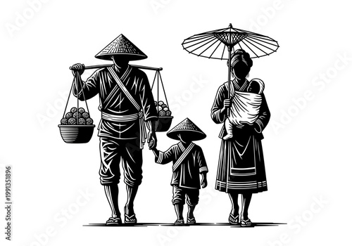 Traditional Asian Family Silhouette in Woodcut Style with Street Vendor Father, Mother, and Children