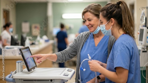 Experienced female nurse training a younger colleague in a hospital setting, using a digital tablet for patient care.