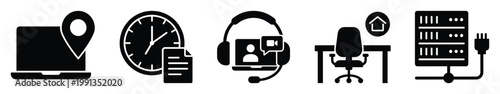 Modern work management icons covering remote office, virtual meetings, and data systems