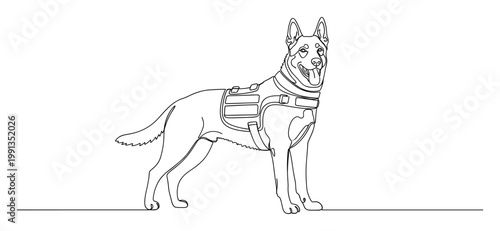 Sleek single line drawing of a loyal working dog wearing a harness, ideal for veterinary clinics or animal assistance awareness.