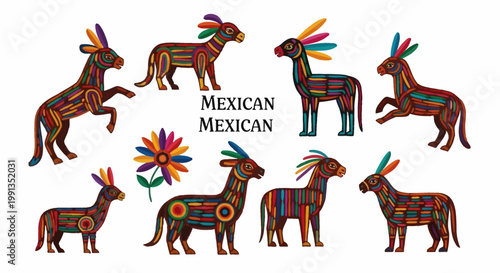 Colorful Mexican folk art donkeys with intricate patterns and vibrant feather details.