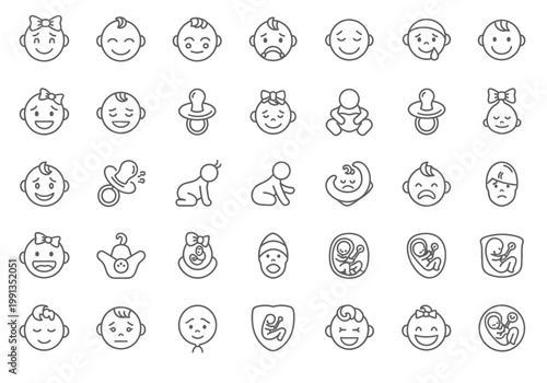 Baby and Pregnancy Line Icon Set - Newborn Faces, Pacifiers, and Fetal Development Illustrations