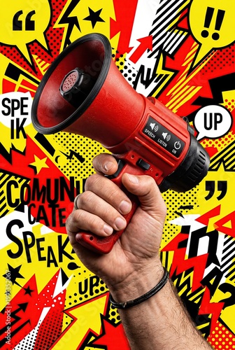Hand Holding Megaphone in Bold Pop Art Communication Concept