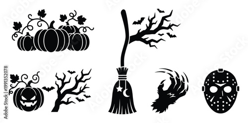 Halloween themed silhouette set with pumpkins, witch broom, scary hand, spooky tree, and hockey mask for holiday graphics and decorations