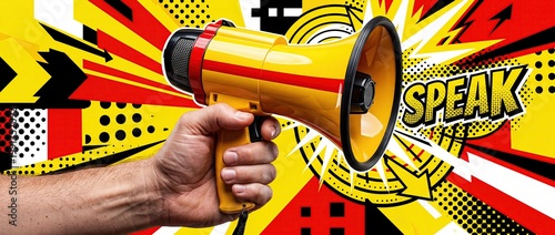 Hand Holding Megaphone in Bold Pop Art Communication Concept