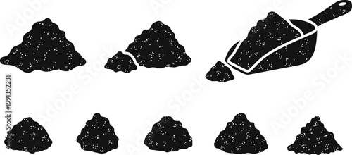 Black Powder Texture Icons Granules Piles Scoop Silhouette