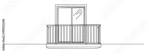 Continuous line drawing of a modern balcony with sliding glass doors suitable for architectural layouts or home design