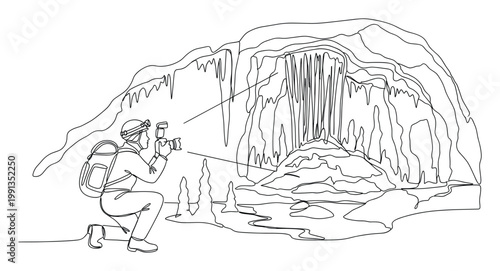 Adventurous speleologist photographing intricate geological cave structures with camera and light for travel and exploration media