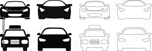 
Simple car icon collection isolated on a white background. Front view symbol of auto, vehicle, automobile, sedan, van. Transport, car sharing, or delivery concept icons. Flat style Black simple car