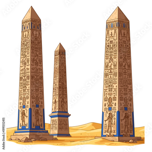 Ancient Egyptian Obelisks with Hieroglyphs in Desert