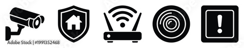 Security surveillance and smart home network icons provide essential visual elements for digital interfaces and protective system communications.