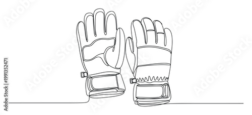 Continuous line drawing of warm winter gloves for cold weather protection sports and outdoor activities concept