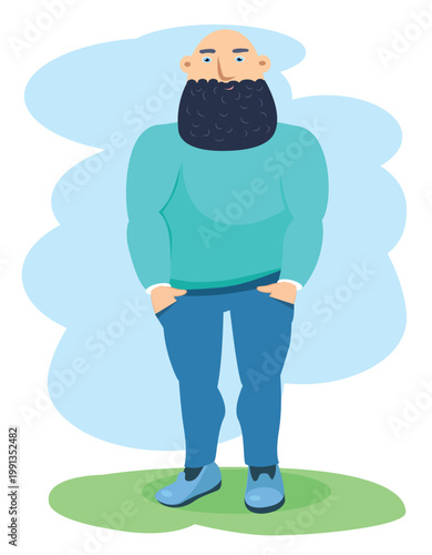 Handsome African American man with beard and stylish haircut, young black male character in casual clothes, flat vector illustration.