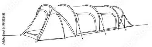 Line drawing of a spacious tunnel tent ideal for family camping, outdoor excursions, and wilderness shelter.