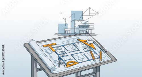 Architectural Blueprint and Model on Drafting Table.
