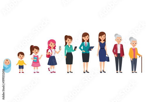 Female Life Cycle Stages from Baby to Elderly Woman Illustration - Human Aging Process and Growth Concept Vector
